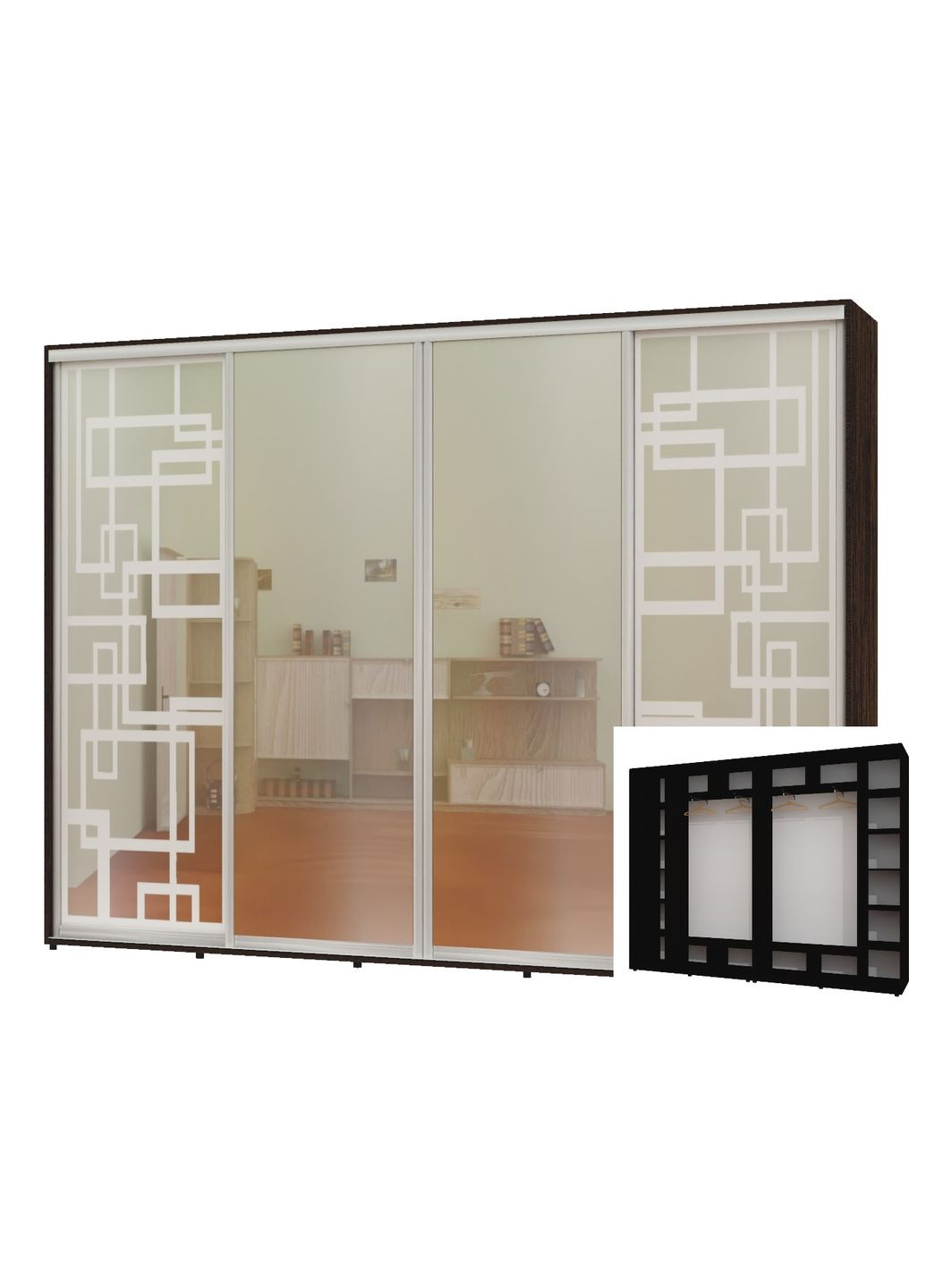 Шафа-купе чотиридверна 280*45*250 Венге магія 2 Дзеркала з піскострумним малюнком/2 Дзеркала Алекса (360477006)