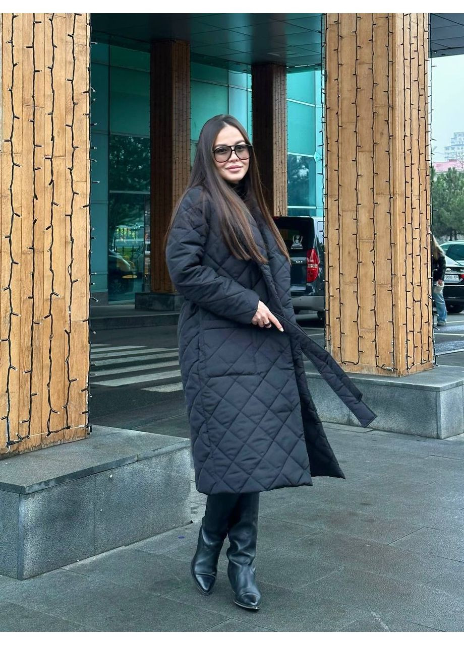 Чорне демісезонне Пальто жіноче на запах із плащівки Емми — матове, з синтепоном 150 (заміри в описі) DK/DL Мода без кордонів