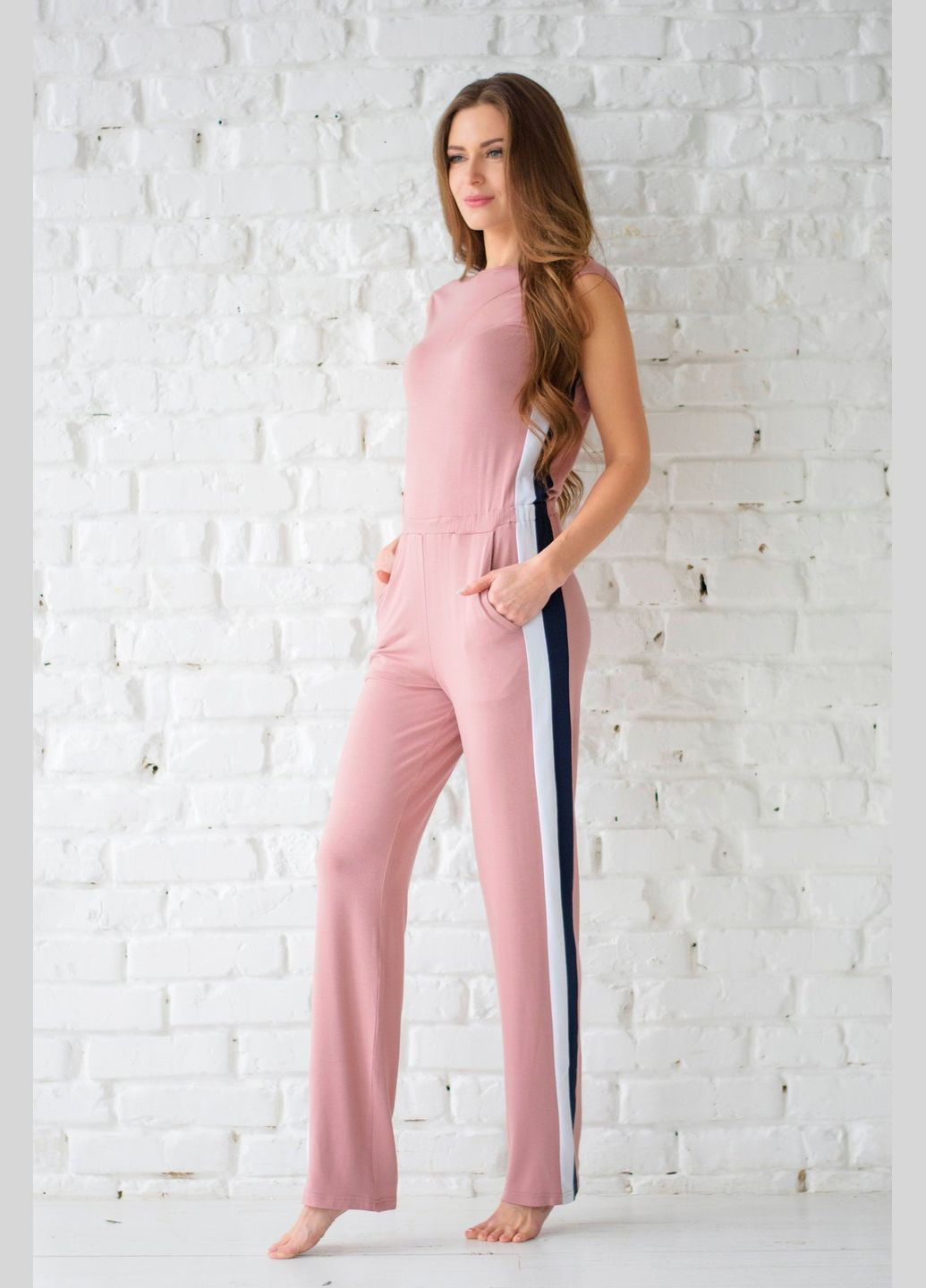 Комбинезон из вискозы с полосками Wiktoria 611 powder комбинезон-брюки однотонный розовый