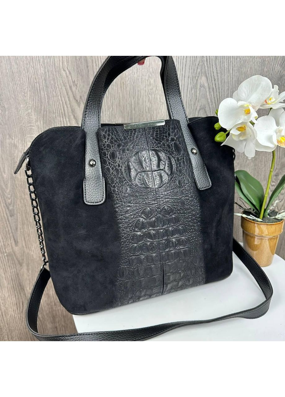 Замшевая женская сумка рептилия черная из натуральной замши и экокожи для повседневного использованияная сумочка ProDobro (363258886)