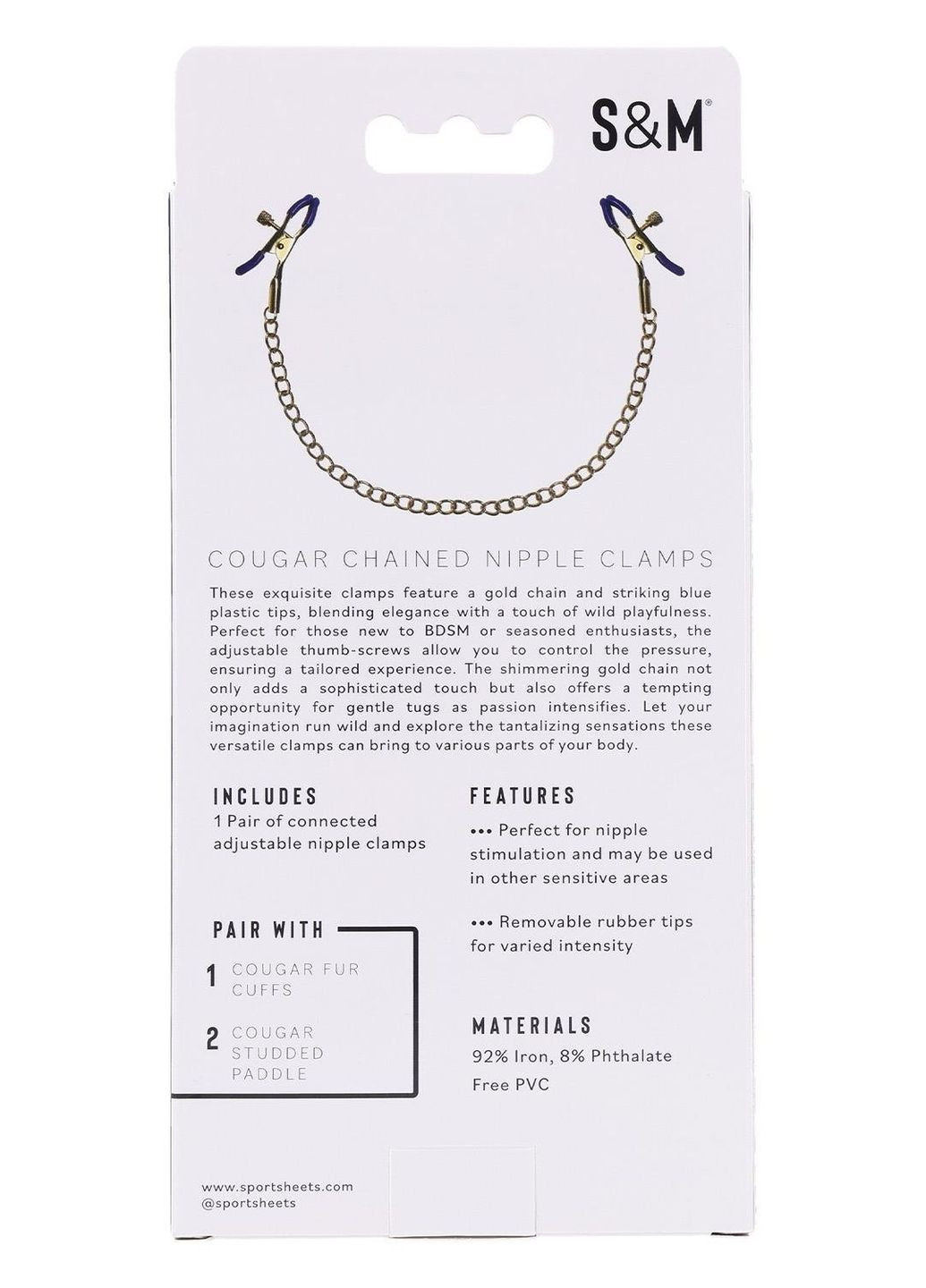 Золотистые зажимы для сосков Cougar Chained с синими наконечниками Sex&Mischief (327873397)