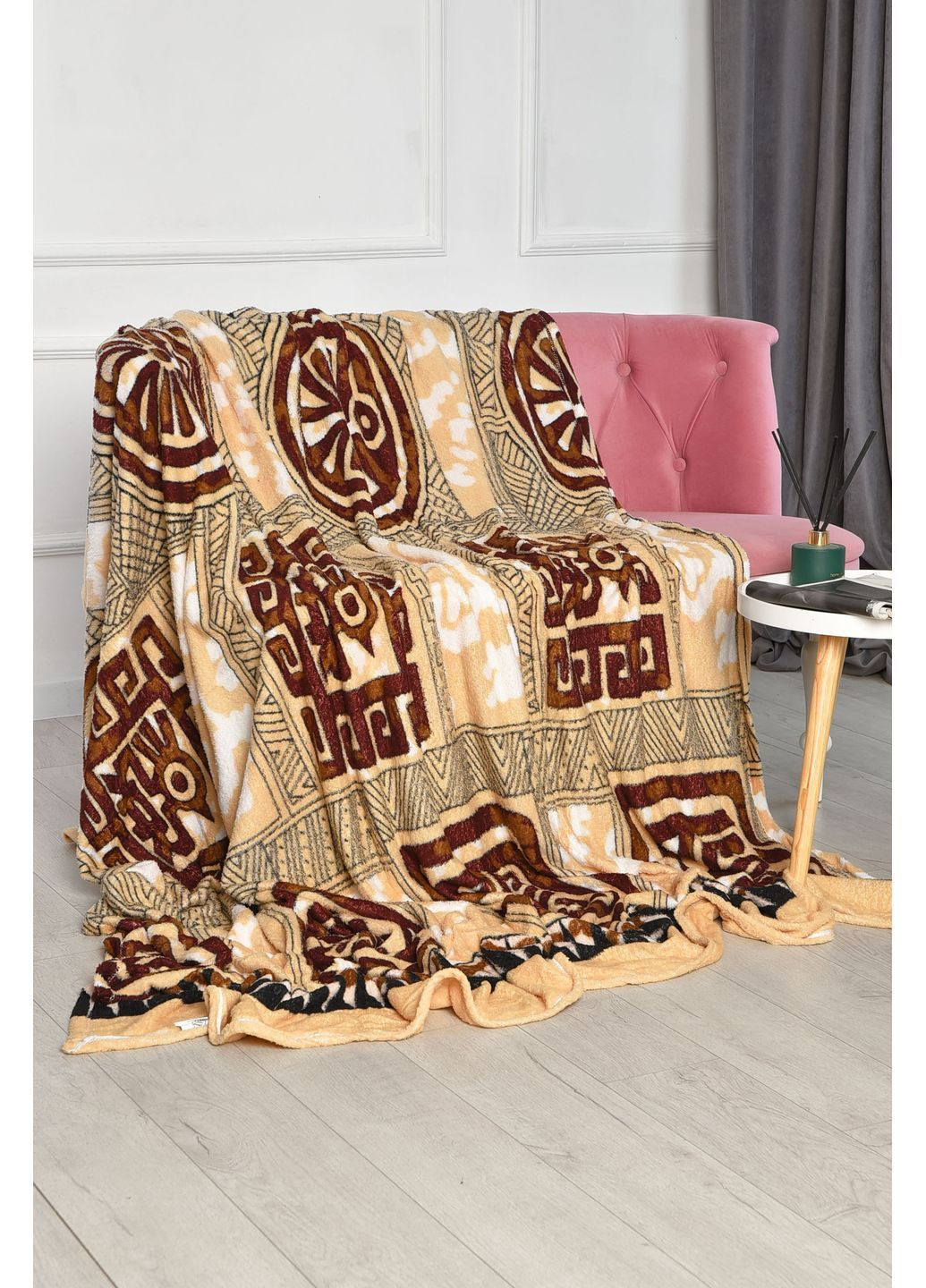 Плед бежевого кольору з принтом розмір 200*220 Let's Shop (362475603)