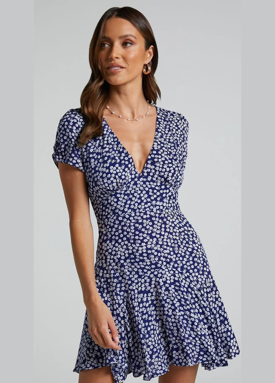 Синя повсякденний, ділова, вечірня, кежуал жіноча сукня No Brand з квітковим принтом