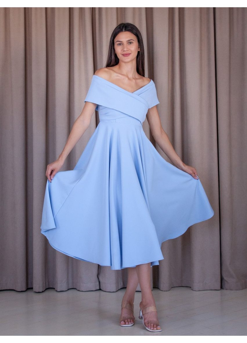 Голубое коктейльное платье с юбкой-солнце, а-силуэт First Woman однотонное