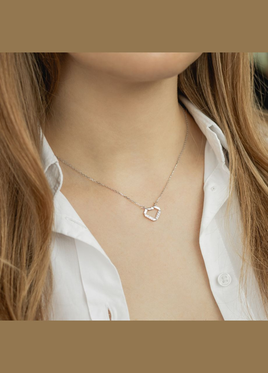 Комплект срібний Сердечко з написом LOVE і білими фіанітами сережки пусети та кольє Каштан (342335411)