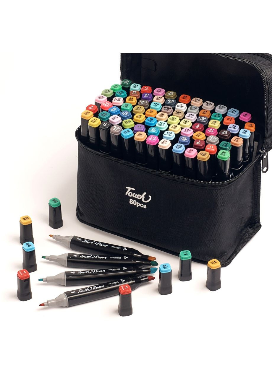 Великий набір скетч маркерів 80 кольорів Touch у чорному чохлі та Блокнот А4 для малювання у подарунок! Raven (337341898)