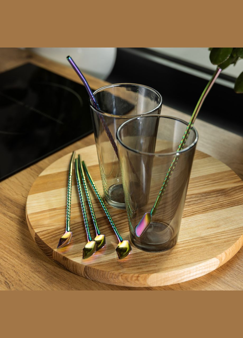 Набір багаторазових ложок-трубочок 6 шт для напоїв 22 см зі щіткою для миття з нержавіючої сталі Хамелеон HP-20-21 Yiwu (364988480)