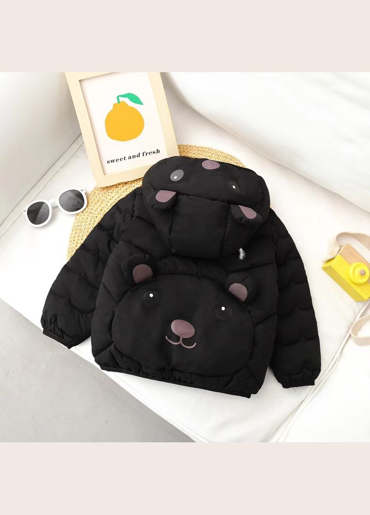 Чорна демісезонна куртка дитяча з капюшоном та ведмедиком на спині ( 120см) (12332) Qoopixie