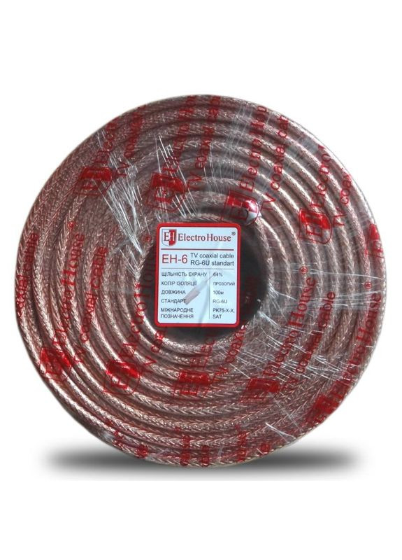 Кабель коаксиальный RG-6U 64% омедненная сталь 1.02 силикон, прозрачный, 100 м Electro House (346089297)