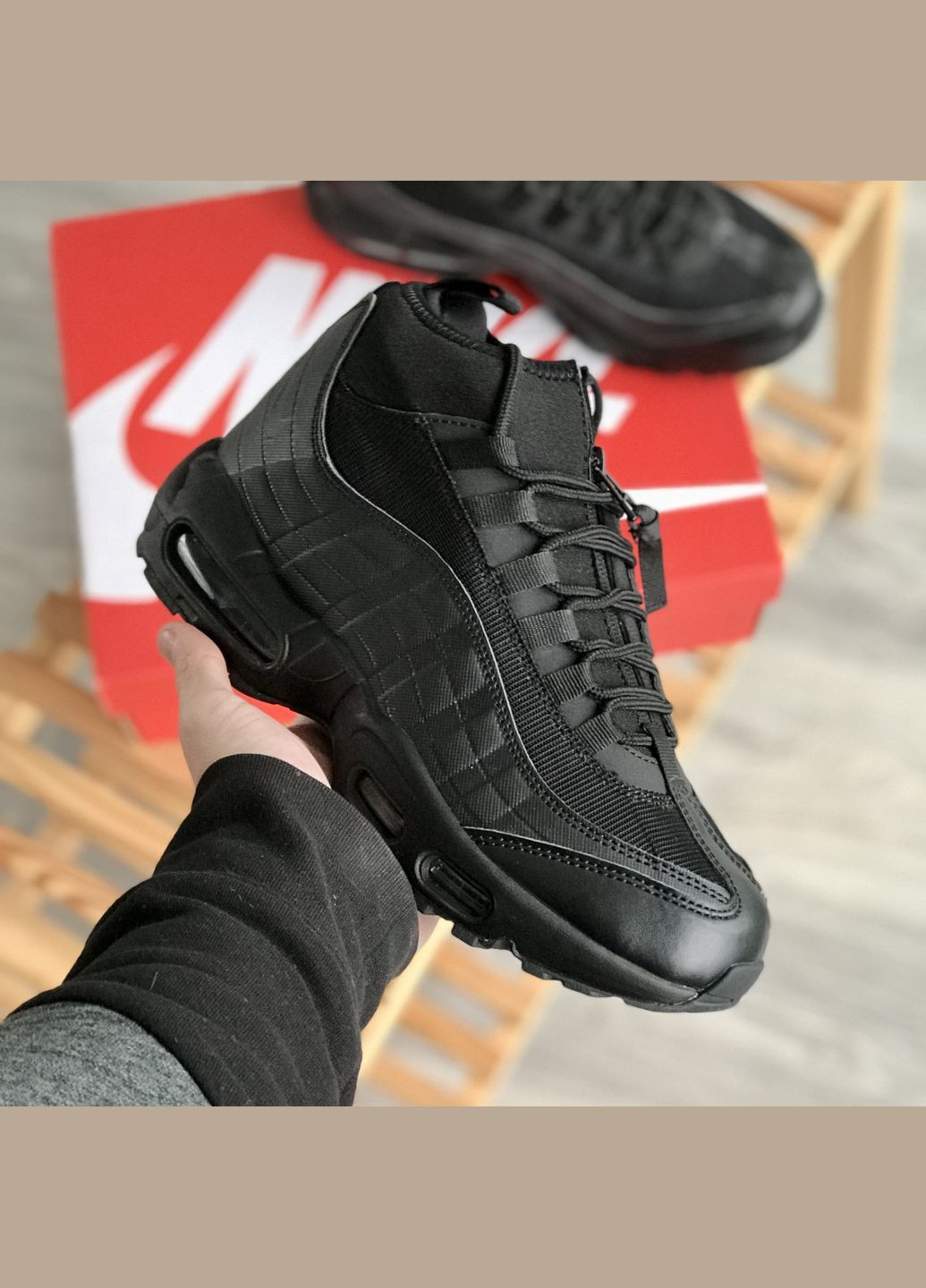 Черные зимние кроссовки зимние мужские No Brand 95 Sneakerboot winter black | Найк 95 Снікербут