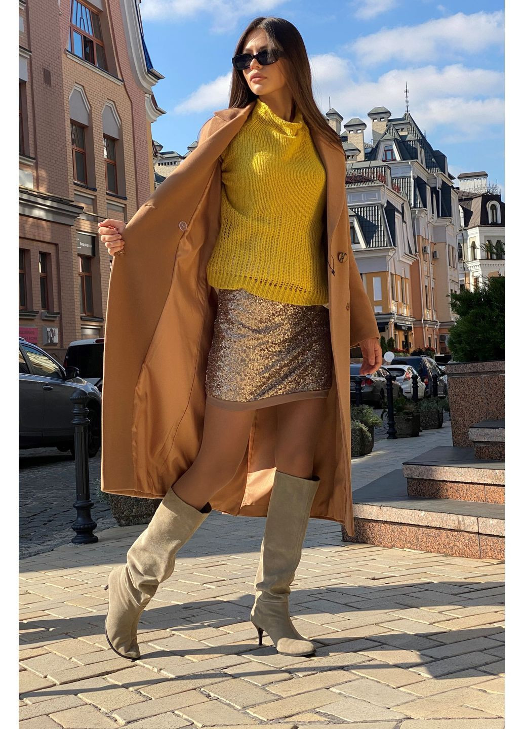 Светло-коричневое зимнее Пальто зимнее C65 двубортное CHICLY