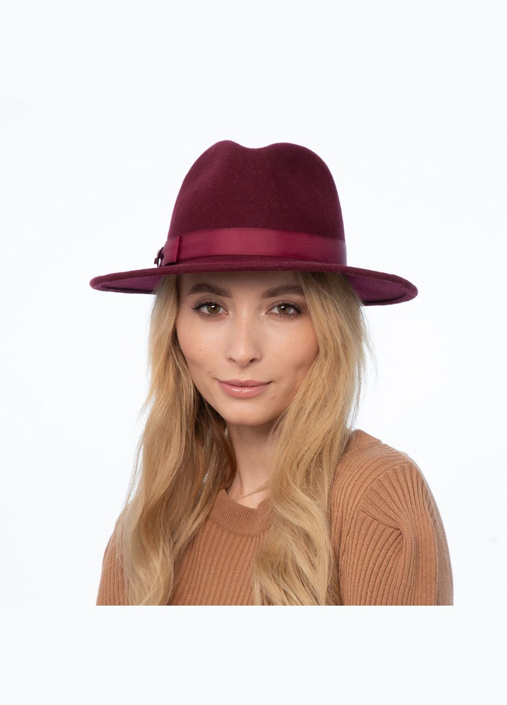 Шляпа федора женская с лентой фетр бордовая LuckyLOOK 653-277 (289478362)