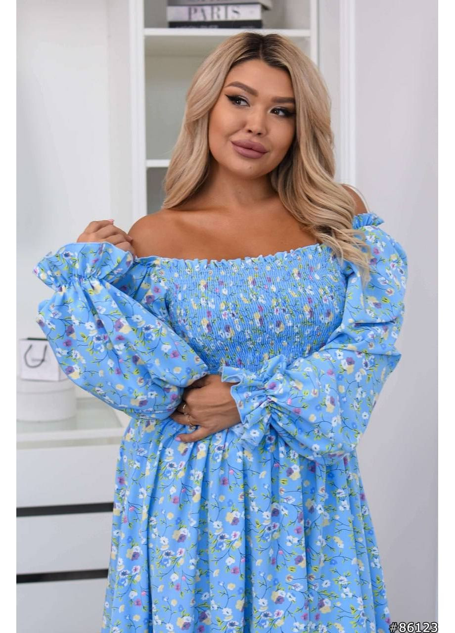 Голубое коктейльное, вечернее, кэжуал женское платье с принтом с открытыми плечами FINO Mode зебра