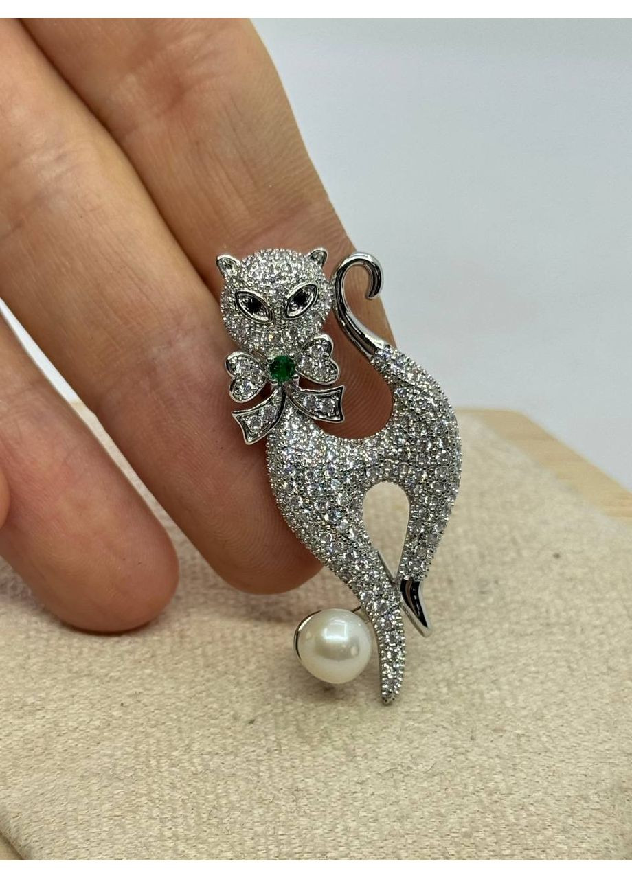 Брошка біжутерна з натуральною перлиною Котик 20 мм 4.5 см Сріблястий No Brand (372467961)