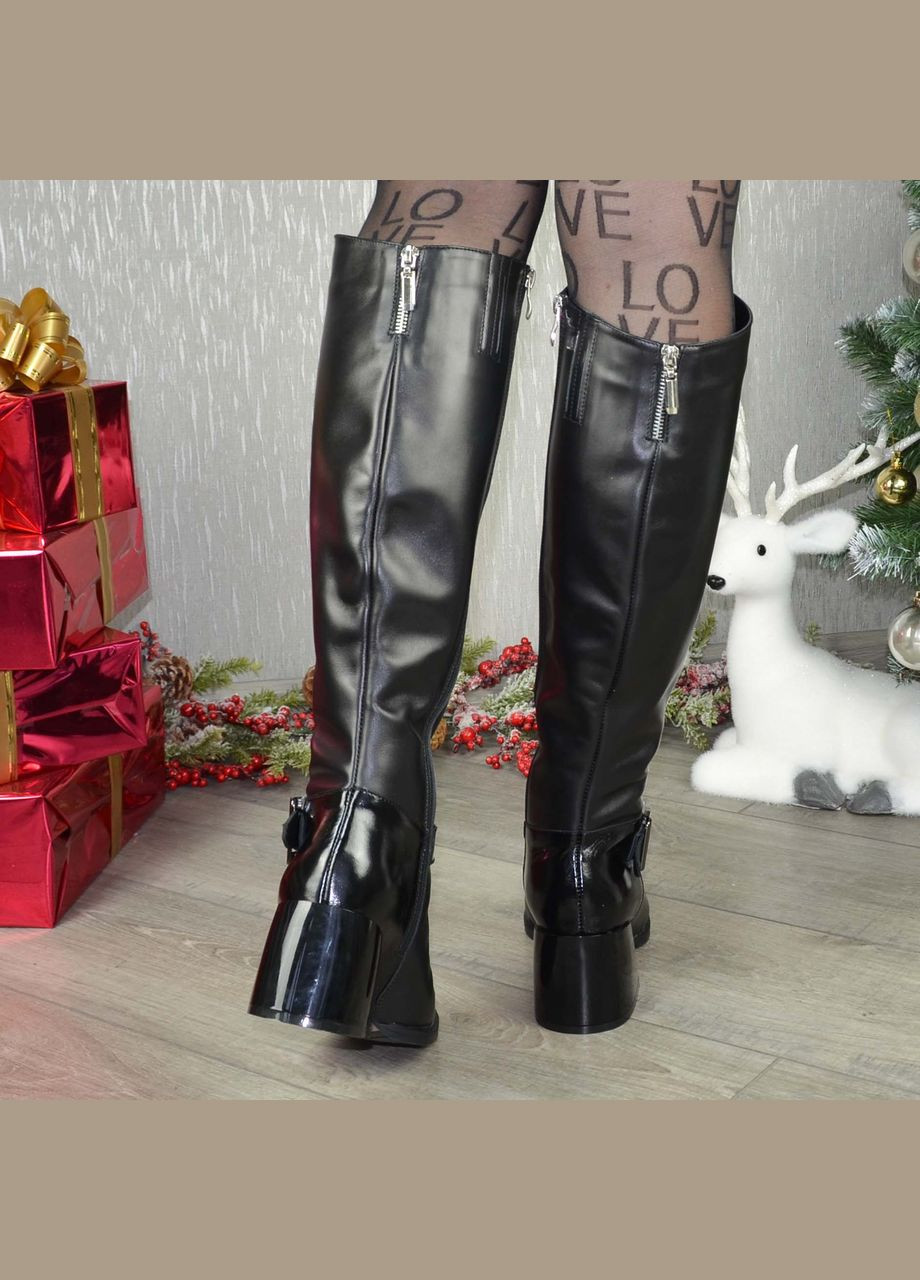 Високі чорні жіночі чоботи на підборах. Натуральна шкіра та лакова шкіра. 36 розмір Vasha para (304773187)