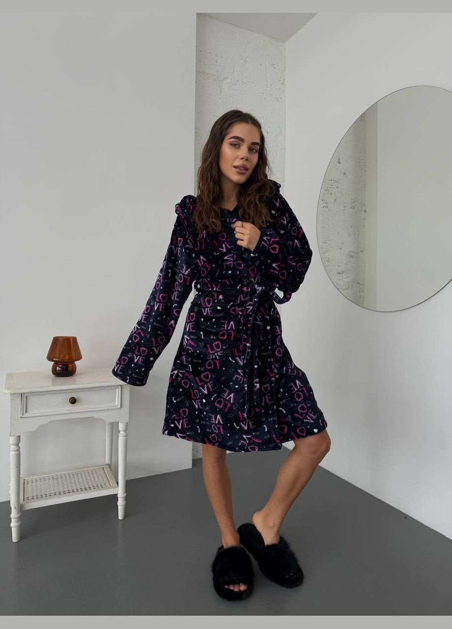 Женский махровый халат с надписью синего цвета 30345 No Brand (323643473)