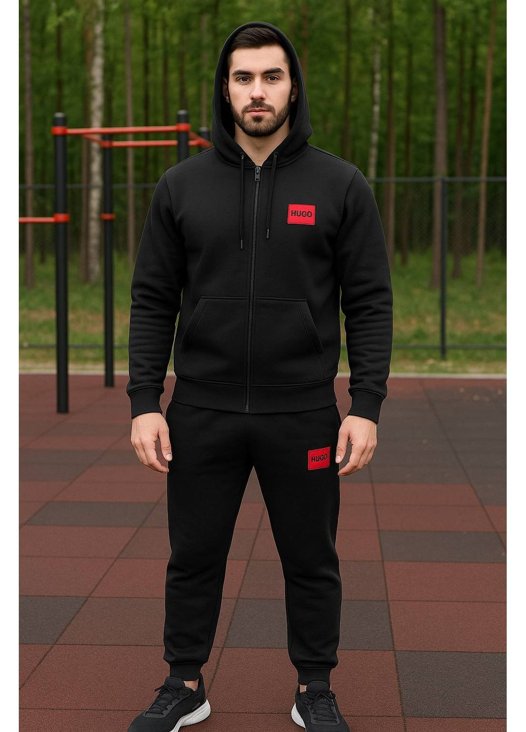 Чорний зимній костюм чоловічий теплий на флісі . зіп худі і штани hugo No Brand