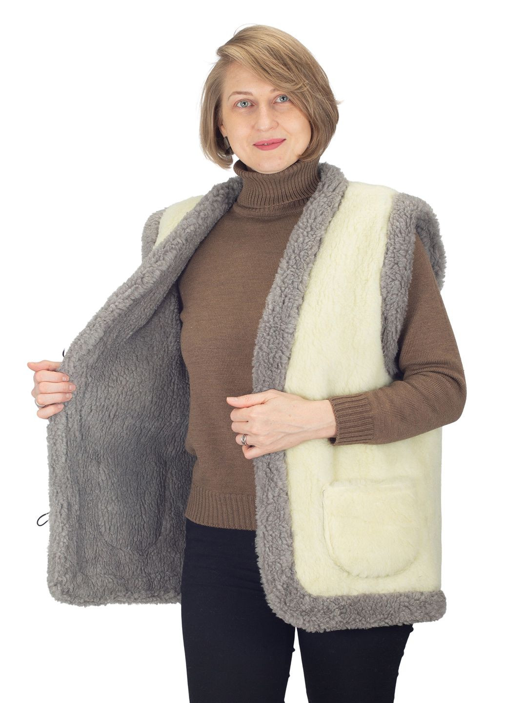 Жилетка женская теплая двухсторонняя из овчины бежевая с серым Olli (360406846)