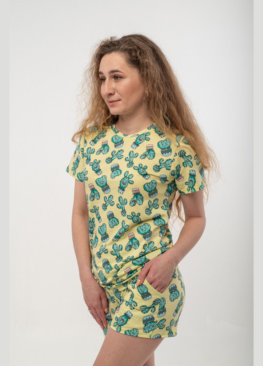 Жовта всесезон літня жіноча піжама з малюнками кактусів футболка + шорти V.O.G.
