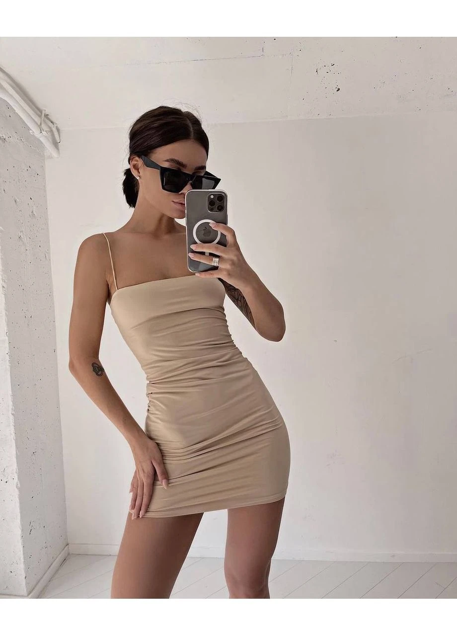Бежевое повседневный, кэжуал, вечернее женское платье силуэтная FINO Mode однотонное