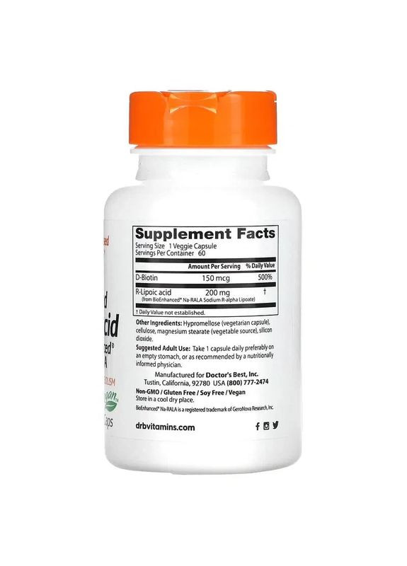 Стабілізована R-ліпоєва кислота, Stabilized R-Lipoic Acid,, 200 мг, 60 вегетаріанських капсул Doctor's Best (361115758)