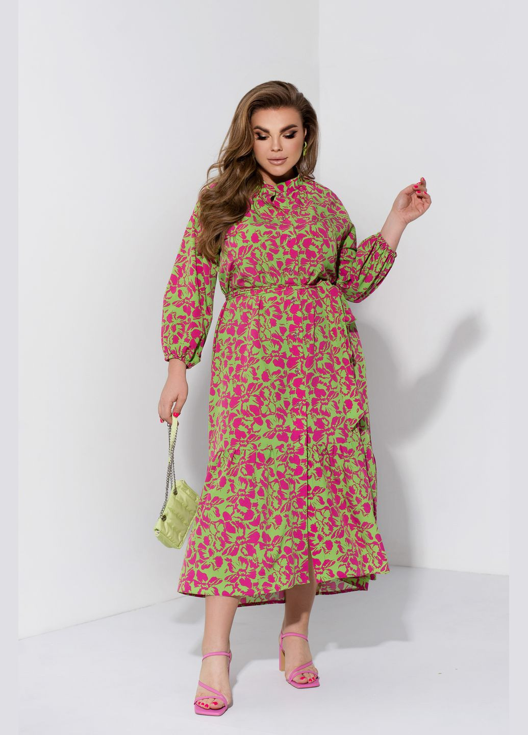 Салатовое кэжуал, повседневный трендовое платье колокол No Brand с цветочным принтом