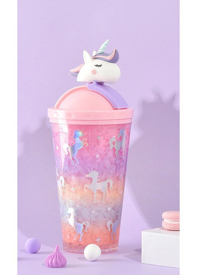 Стакан з трубочкою Єдиноріг 7387 450 мл помаранчевий No Brand (322030904)