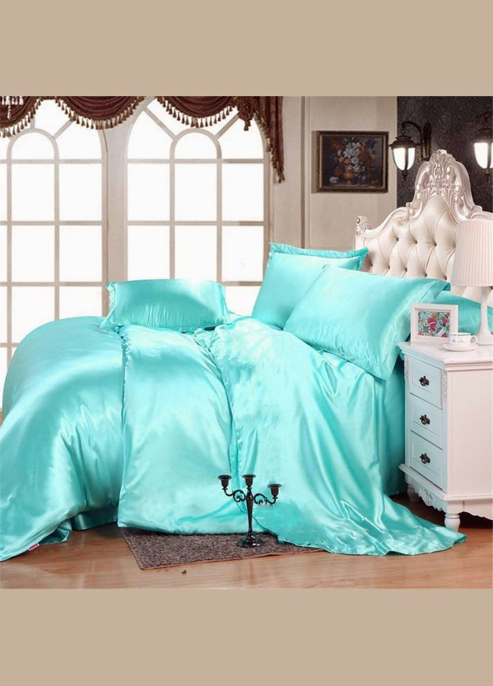 Атласне Бірюзове двоспальна постільна білизна 175х210см Moka textile (316632189)