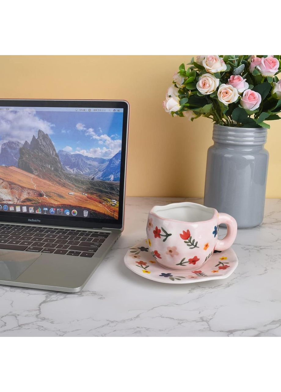 Керамическая чашка 300мл для кофе с блюдцем, ручной работы, розовая OSM (365549092)