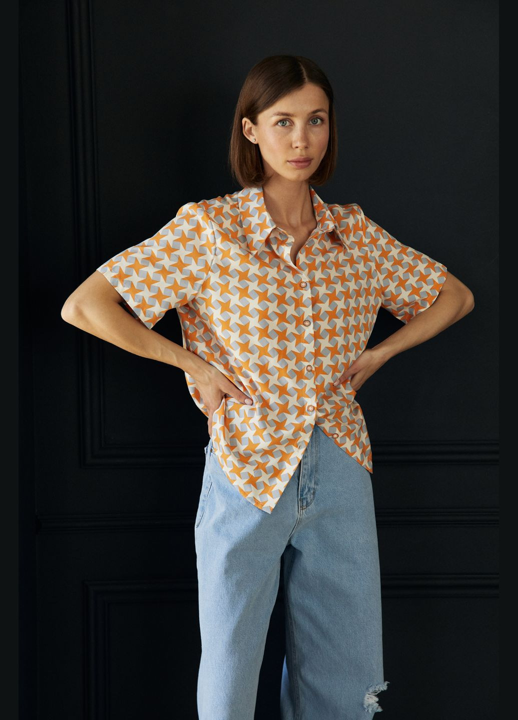 Оранжевая кэжуал рубашка с геометрическим узором Azuri с коротким рукавом