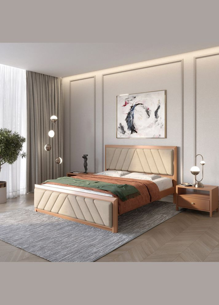 Односпальне дерев'яне ліжко Барселона Б2 (RAL8025)/Аляска 23 (Бежевий) 90х190 см (MBG-12470) Mebigrand (366084795)