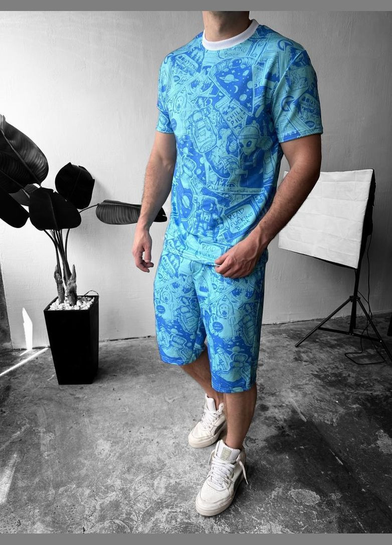 Голубой мужской легкий спортивный костюм-двойка с дизайном No Brand (370958282)