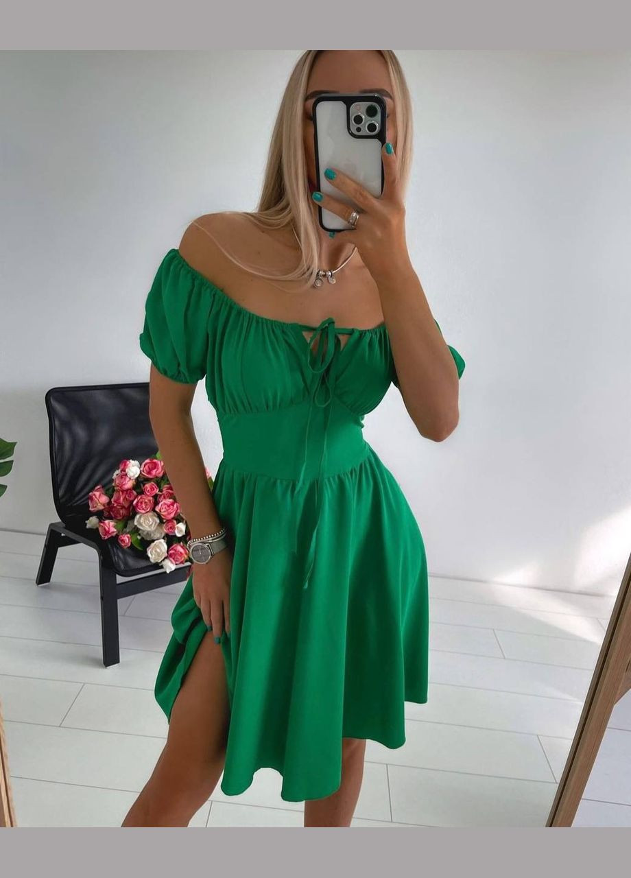 Зеленое универсальное платье-селянка в зеленом цвете, красивое платье с открытыми плечами No Brand однотонное