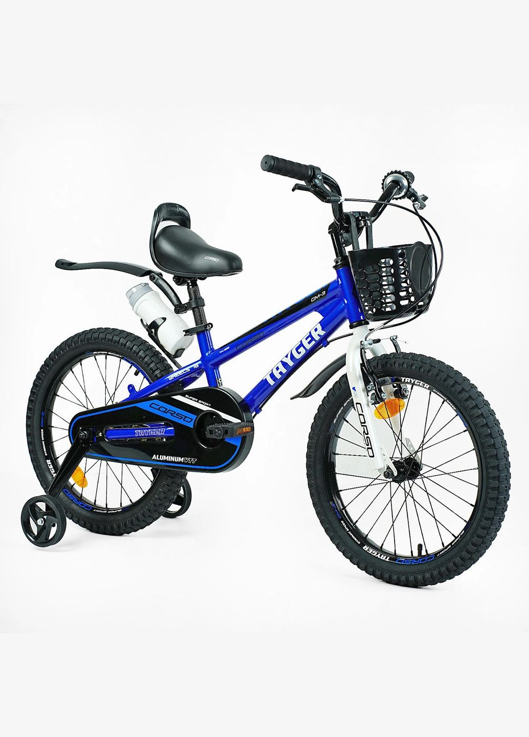Велосипед 18" дюймов, 2-х колесный, алюминиевая рама, ручной тормоз, доп. колеса, звонок, собран на 85%. Blue (153898) Corso (340909569)