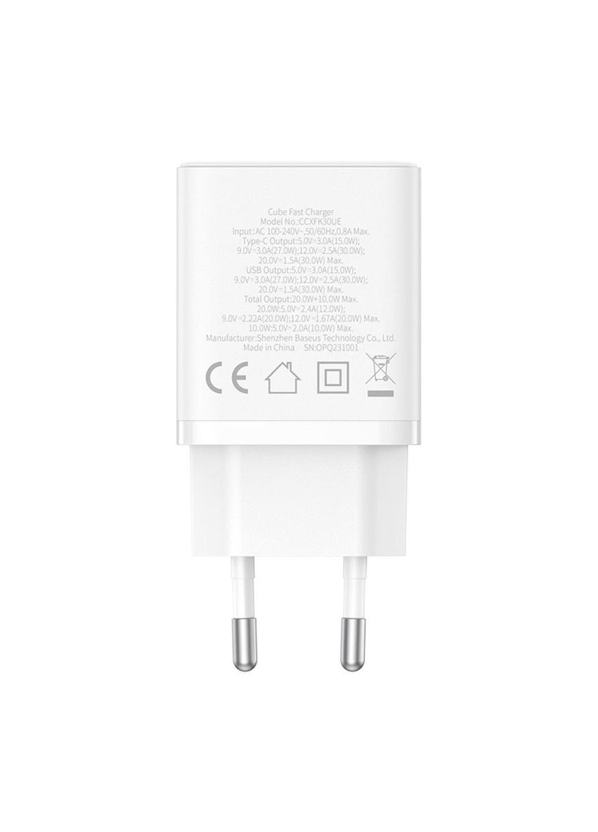 Мережевий зарядний пристрій Cube Fast Charger C+U 30W EU Moon White Baseus (322222821)