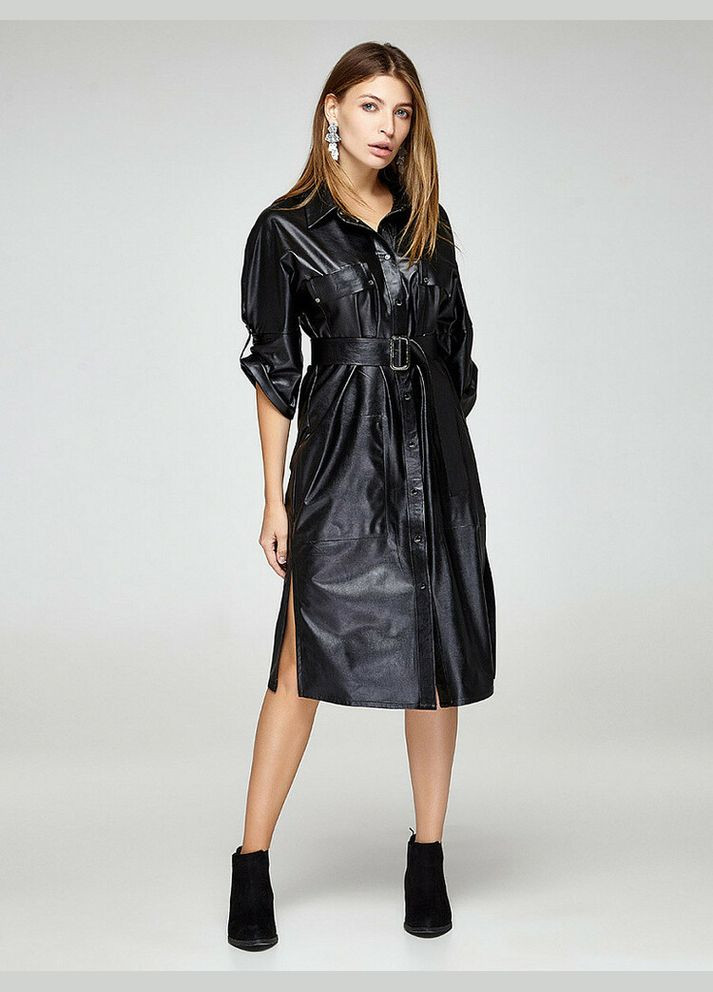 Черное женское платье-рубашка черное из эко-кожи mksh2376-1 Modna KAZKA