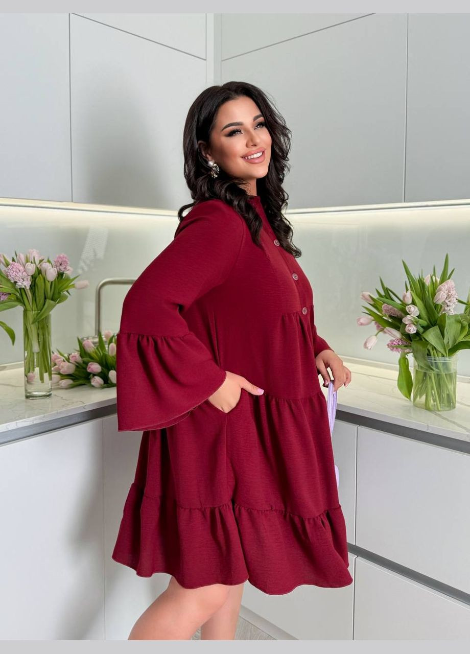 Бордовое праздничный, повседневный, коктейльное, вечернее женское платье свободного кроя с воланами Avanti однотонное