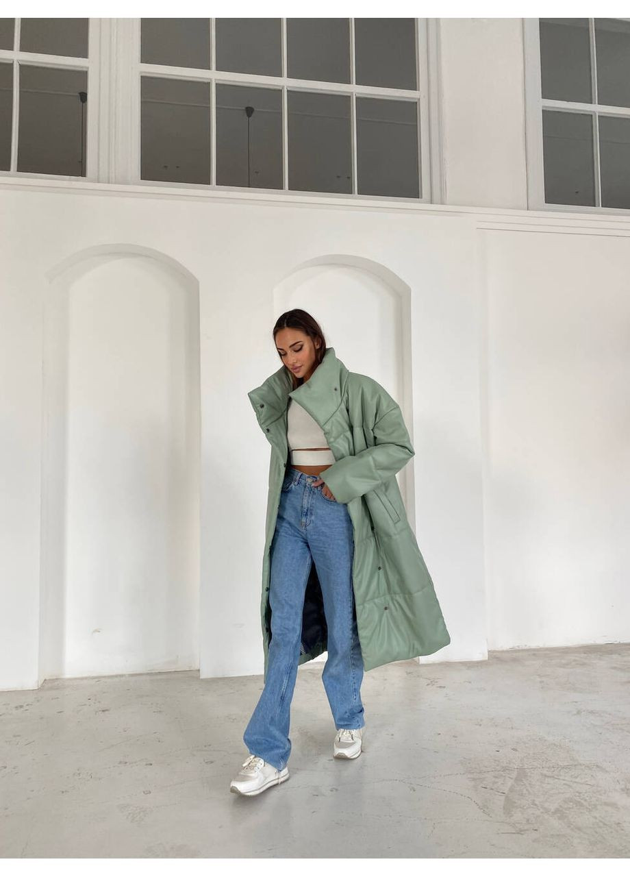 Оливкова зимова куртка - пуховик nika з екошкіри оливкового кольору milirud