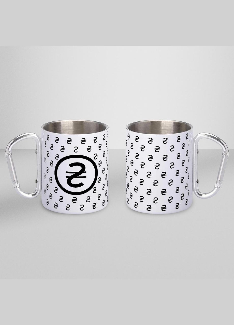 Чашка металева з принтом "Гривня" 300 мл з карабіном, біла No Brand (324262718)