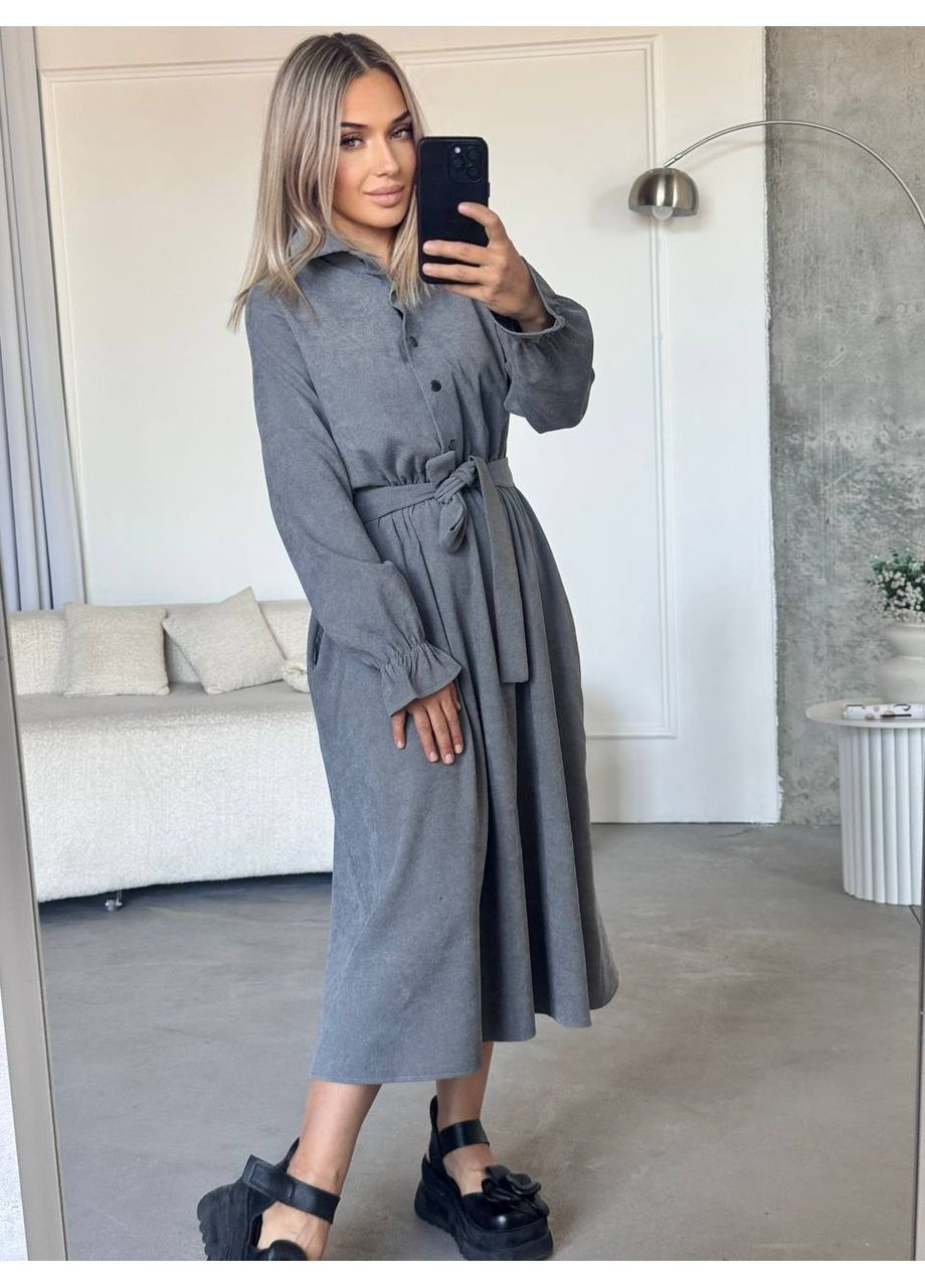Серое платье меди вельвет на х/б основе, длинные рукава, с карманами и поясом Україна