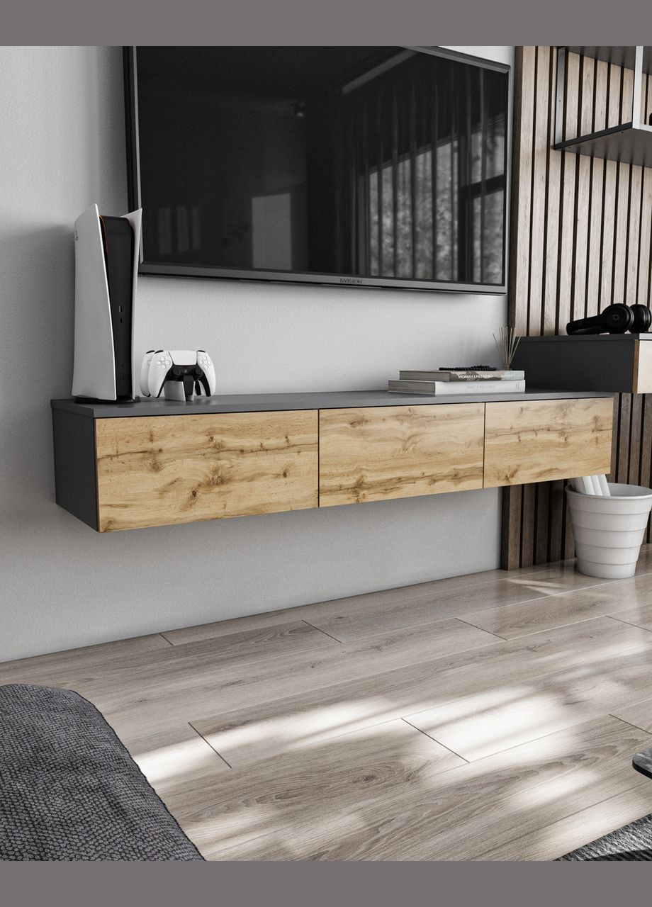 Подвесная тумба под ТВ в гостиную, TV тумба на 3 ящика, тумба под телевизор T-221 от Антрацит/Аппалачи MORELI (335423362)