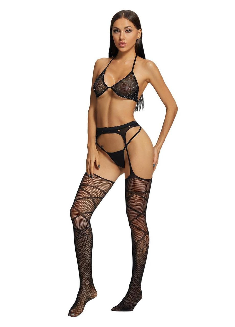 Черный демисезонный комплект чулки лиф со стразами трусики (арт. 10161 8081 8094) No Brand