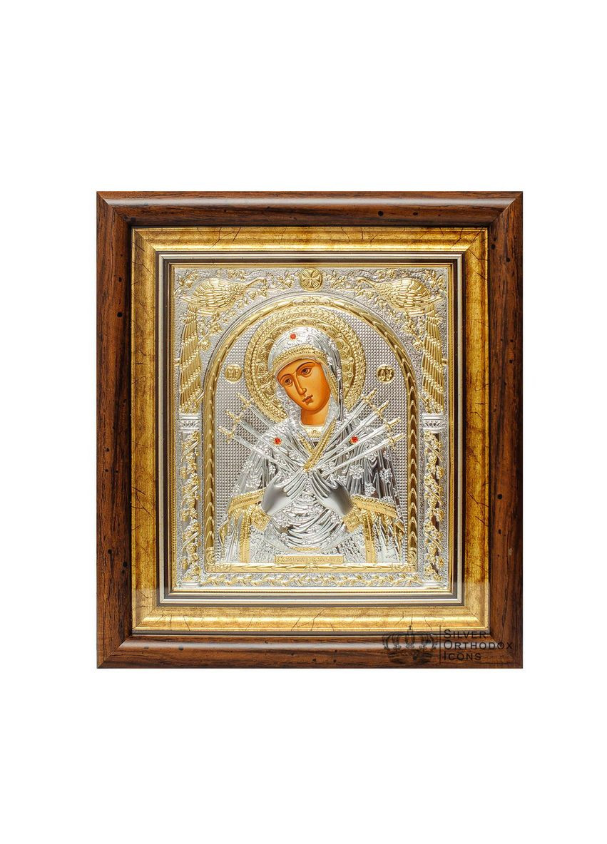 Срібна Ікона Божа Матір Семистрільна 15,5х17см у прямокутному кіоті під склом Silver Axion (266266089)