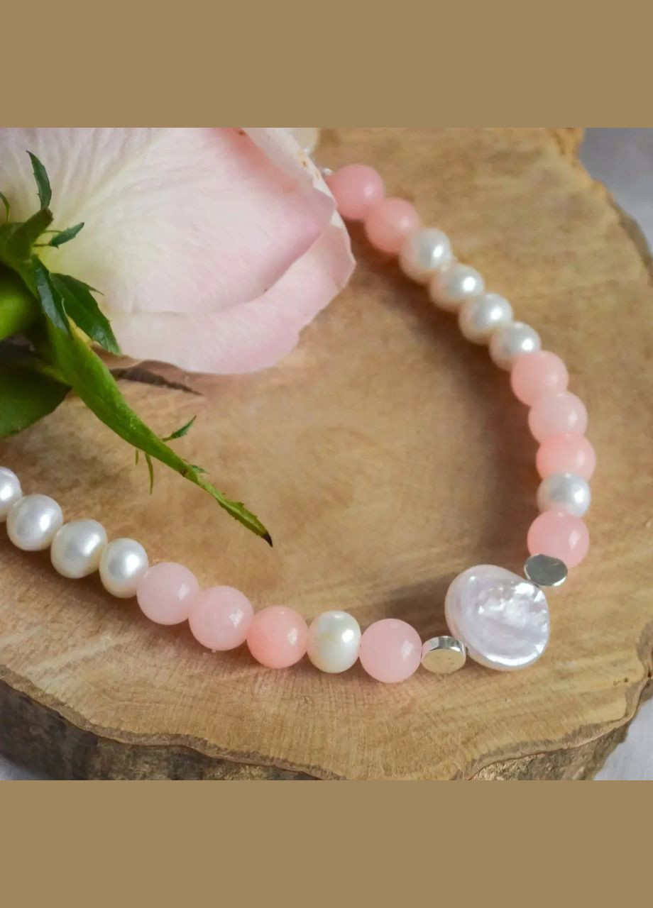 Чокер натуральный камень Жемчуг + Морганит(им. Кварц) d-8мм+- фур-ра гип-ный сплав цвет серебро L-43-48см No Brand кварц, жемчуг (культивированный) латунь серебро (302752393)