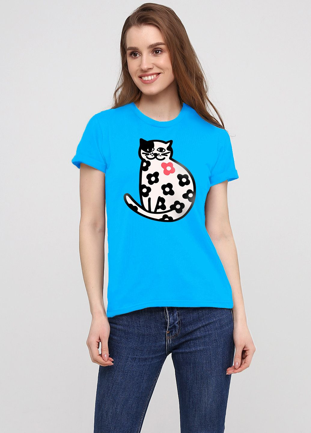 Блакитна всесезон жіноча футболка блакитна з принтом кіт з коротким рукавом Malta