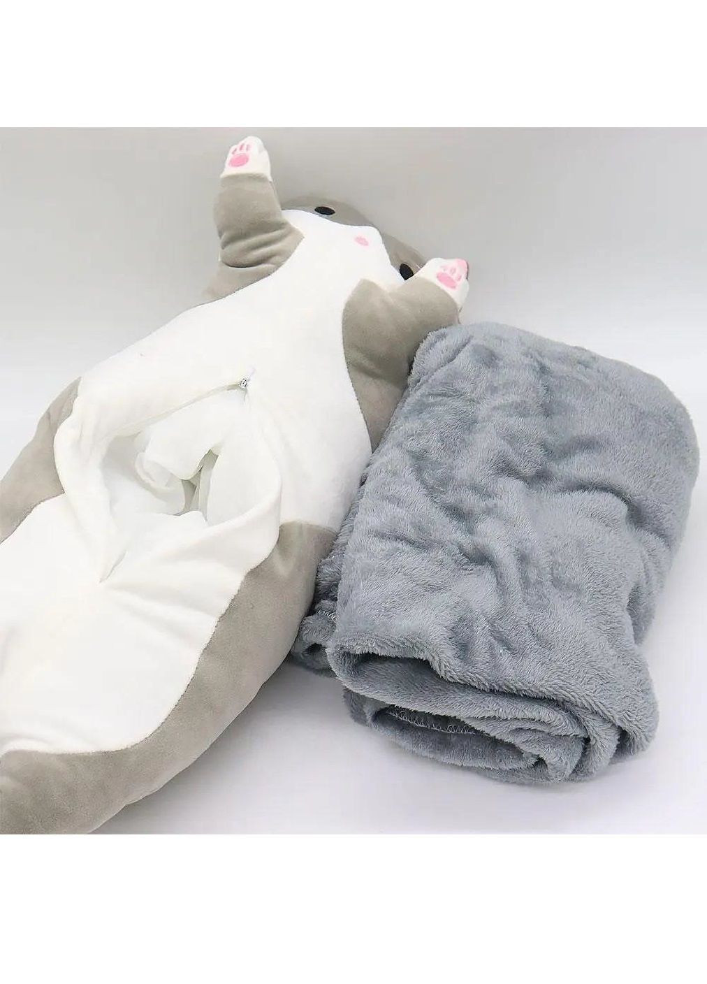 Комплект набор мягкая плюшевая игрушка подушка обнимашка антистресс кот Батон 55 см с пледом 120х160 см (476566-Prob) Серый Unbranded (284667317)