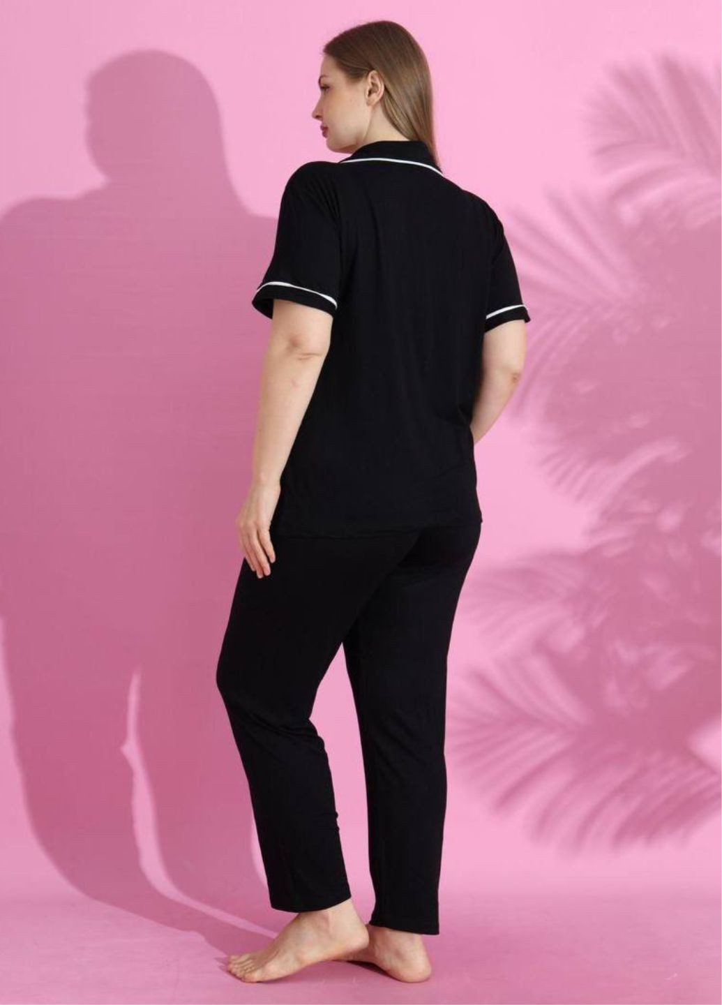 Чорна всесезон вишукана домашня піжама двійка: сорочка декорована кантом + штани сорочка + брюки Tik-Tak