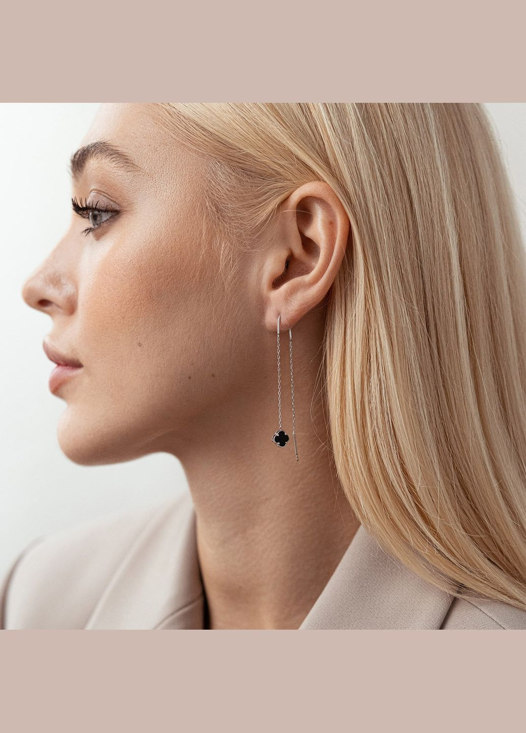 Срібні сережки - протяжки Конюшина з оніксом 123173 Oniks (334688693)