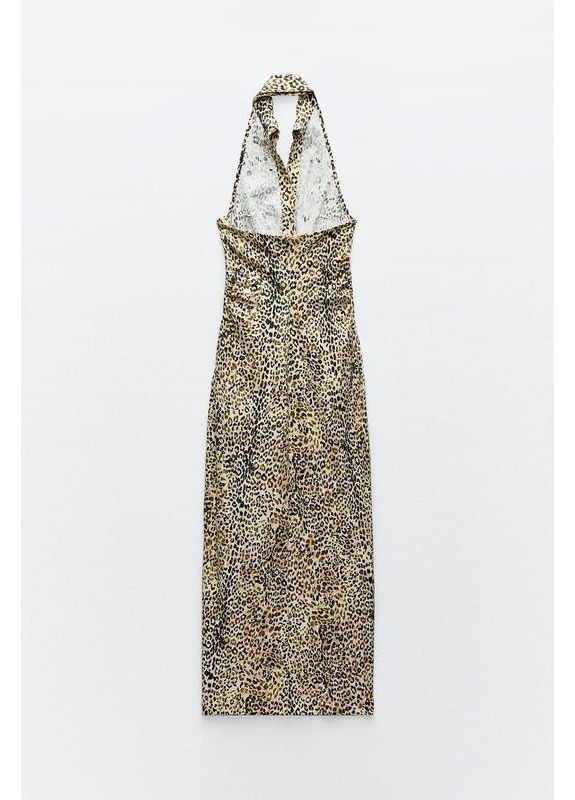 Коричнева сукня-сорочка з суміші льону з анімалістичним принтом. Zara