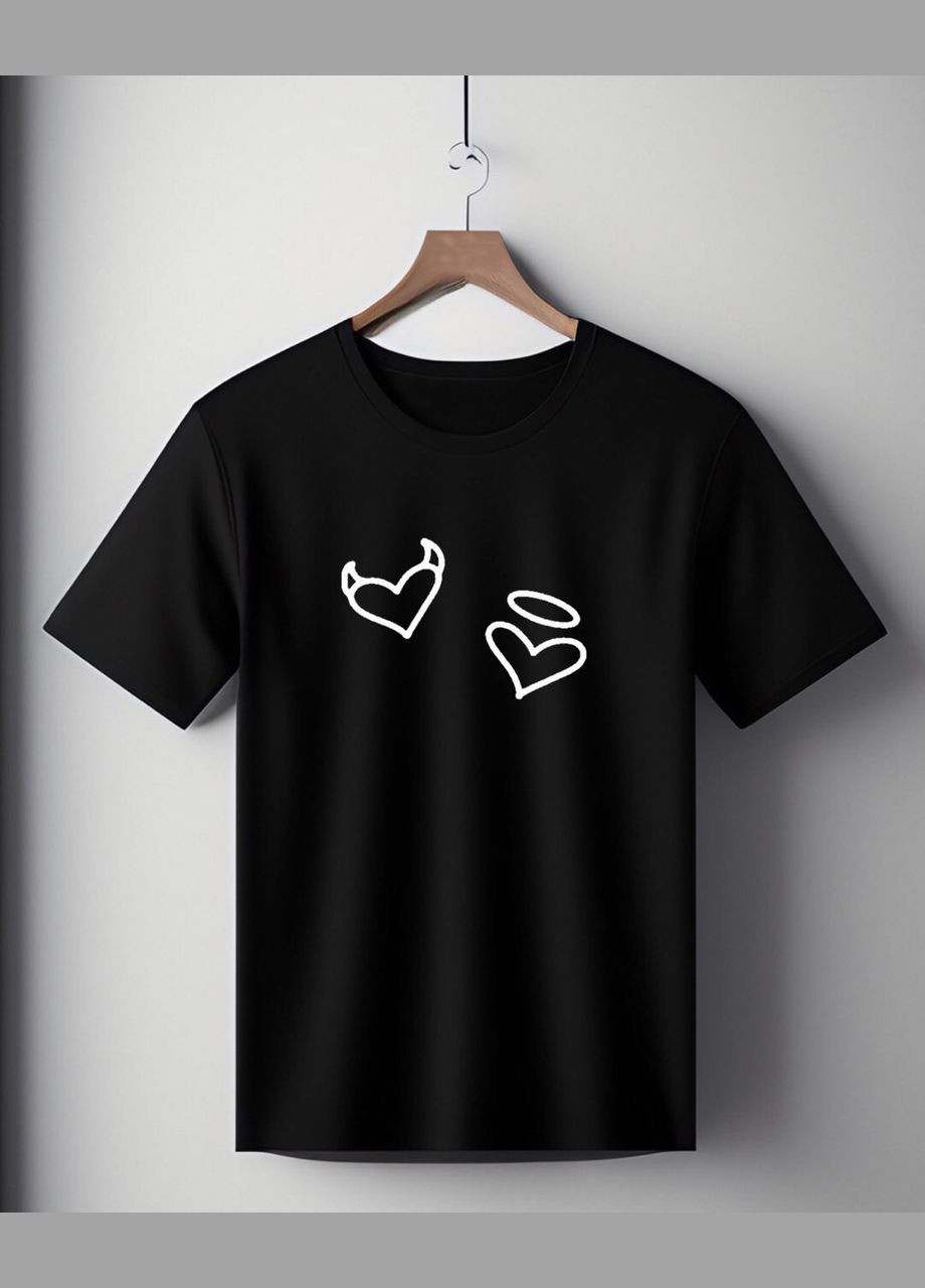 Футболка чорна оверсайз унісекс з принтом " Сердечки янгол і демон " Handmade (308245043)